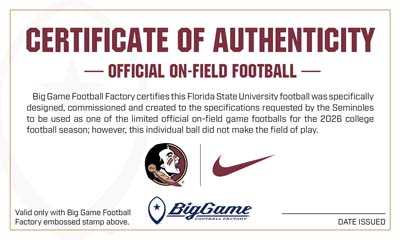 Certificate of Authenticity for an official on-field football, featuring the Florida State University and Nike logos with a Big Game Football label.