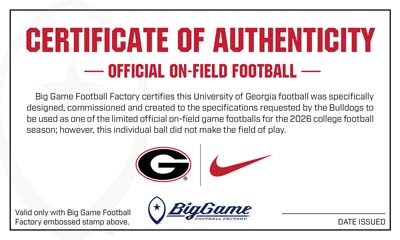 Certificate of Authenticity for an on-field football, featuring the G and Nike logos and a Big Game Football Factory stamp area.