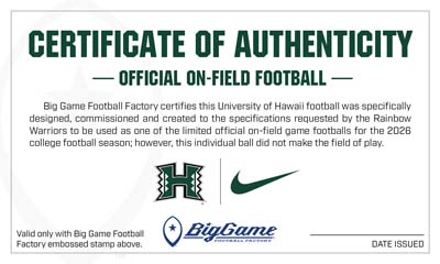Certificate of Authenticity for an official on-field football, with Big Game Football Factory branding and logos (Nike swoosh visible).