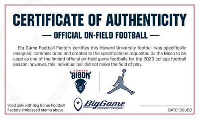 Certificate of Authenticity for an official on-field football, featuring Big Game Football Factory logos and a football player silhouette.