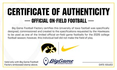 Certificate of Authenticity for an official on-field football, showing logos (Big Game Factory, Nike) and a stamped date area on a bordered card.