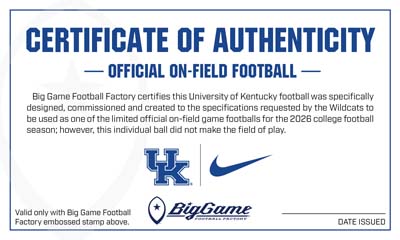 Certificate of Authenticity for an official on-field football, featuring the UK logo and Nike swoosh.