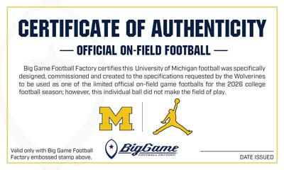 Certificate of Authenticity for an official on-field football showing the Michigan logo and the Jumpman logo.