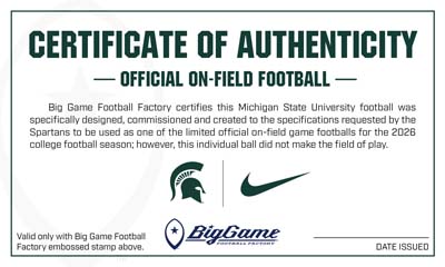 Certificate of Authenticity for an official on-field football, featuring a Spartan helmet logo, Nike swoosh, and Big Game logos.