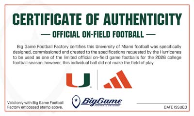 Certificate of Authenticity for an official on-field football, with factory stamp area and logos (U logo and red brand mark) visible.