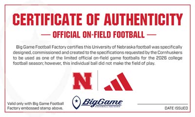 Certificate of Authenticity for an on-field football, featuring a red 'N' logo and a second logo with lines for date and stamp.