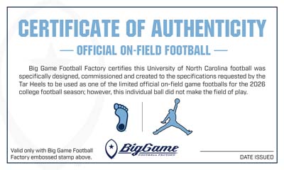 Certificate of Authenticity for an official on-field football, showing Big Game Football Factory logos and spaces for stamp and date issued.