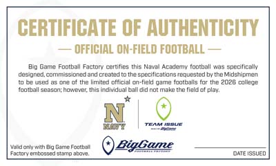 Certificate of Authenticity for an on-field football, featuring Navy and Team Issue logos and a date-issuable stamp area.