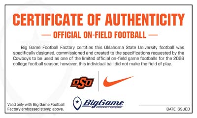 Certificate of Authenticity for an official on-field football with OSU and Nike logos and a Big Game logo.
