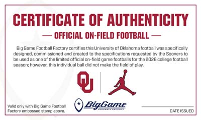 Certificate of Authenticity for an official on-field football, with Oklahoma and Jumpman logos.