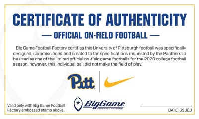 Certificate of Authenticity for an on-field football, featuring Pitt and Nike logos and Big Game Football branding.