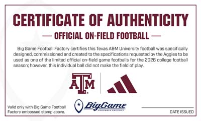 Certificate of Authenticity for an official on-field football, featuring Texas A&M and Adidas logos, with a date line and factory stamp area.