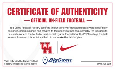 Certificate of Authenticity for an officially on-field football, featuring UH and Nike logos with Big Game Football Factory branding.