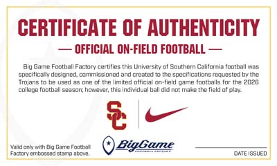 Certificate of Authenticity for an on-field football with USC and Nike logos and Big Game branding.