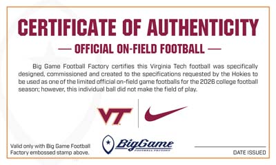 Certificate of Authenticity for an official on-field Virginia Tech football; features VT and Nike logos and BigGame text.