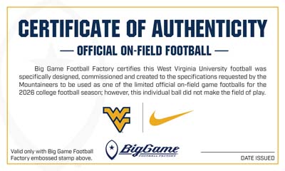 Certificate of Authenticity for an on-field football, featuring Big Game Football Factory and Nike logos with supporting stamp area.