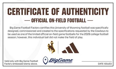 Certificate of Authenticity for an official on-field football, featuring Big Game Football Factory text and logos; date issued line blank.