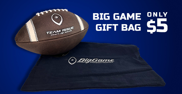 Football and navy gift bag with Big Game branding on a blue background, promoting the Big Game Gift Bag for $5