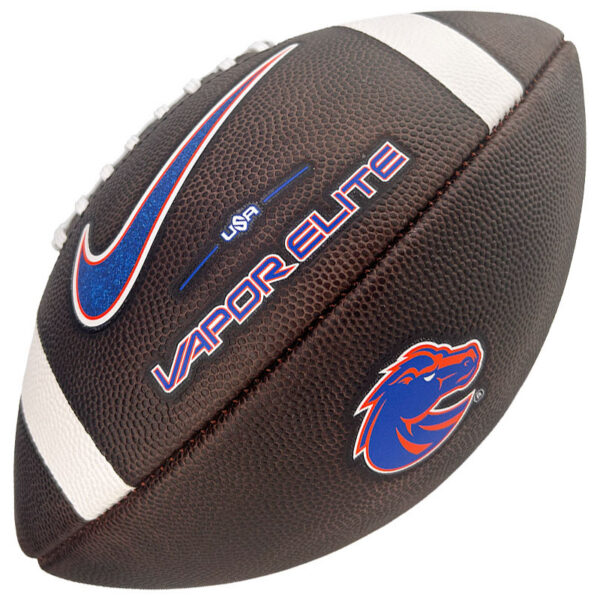 Brown textured football with white laces and stripes, featuring the Nike swoosh, Vapor Elite branding, and the Boise State Broncos logo on the side.