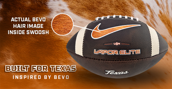 Nike Vapor Elite football with Bevo-inspired hair texture shown inside the swoosh and 'Built for Texas' branding.