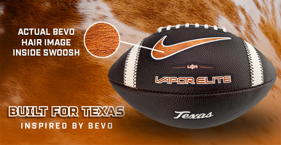 Promotional image of a Nike Vapor Elite football on an orange Bevo fur background with 'Built for Texas' messaging.
