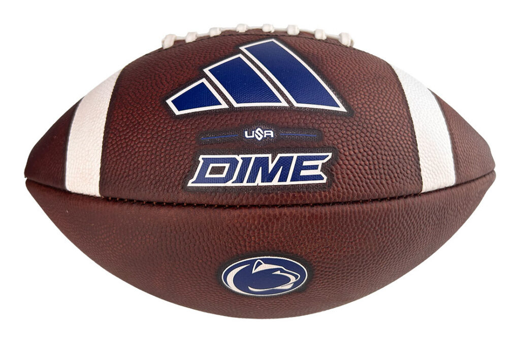 Brown American football with white laces and white stripe accents, featuring blue logos and the word DIME on the side.