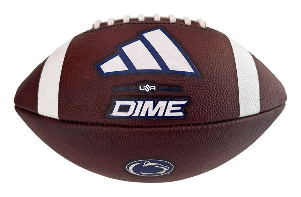 Brown leather football with white laces and stripes, featuring a large Adidas-style logo, 'DIME' branding, and a Penn State emblem.