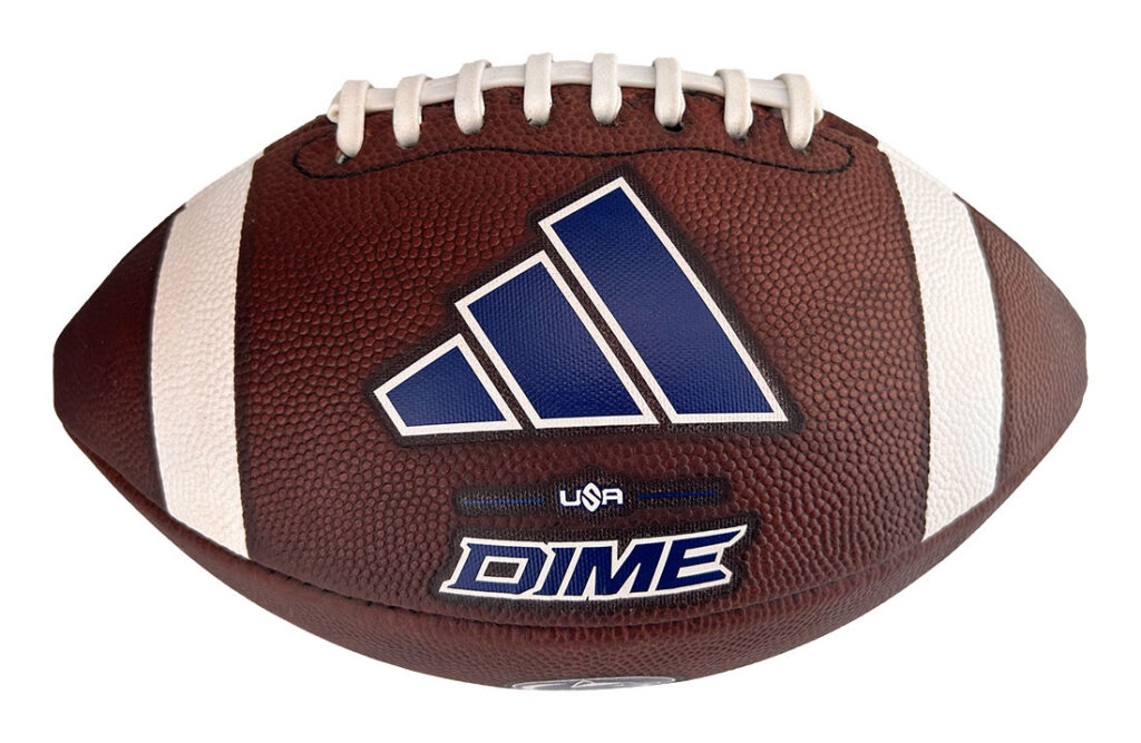 American football with white laces and stripes, displaying a blue Adidas logo and the DIME branding patch.