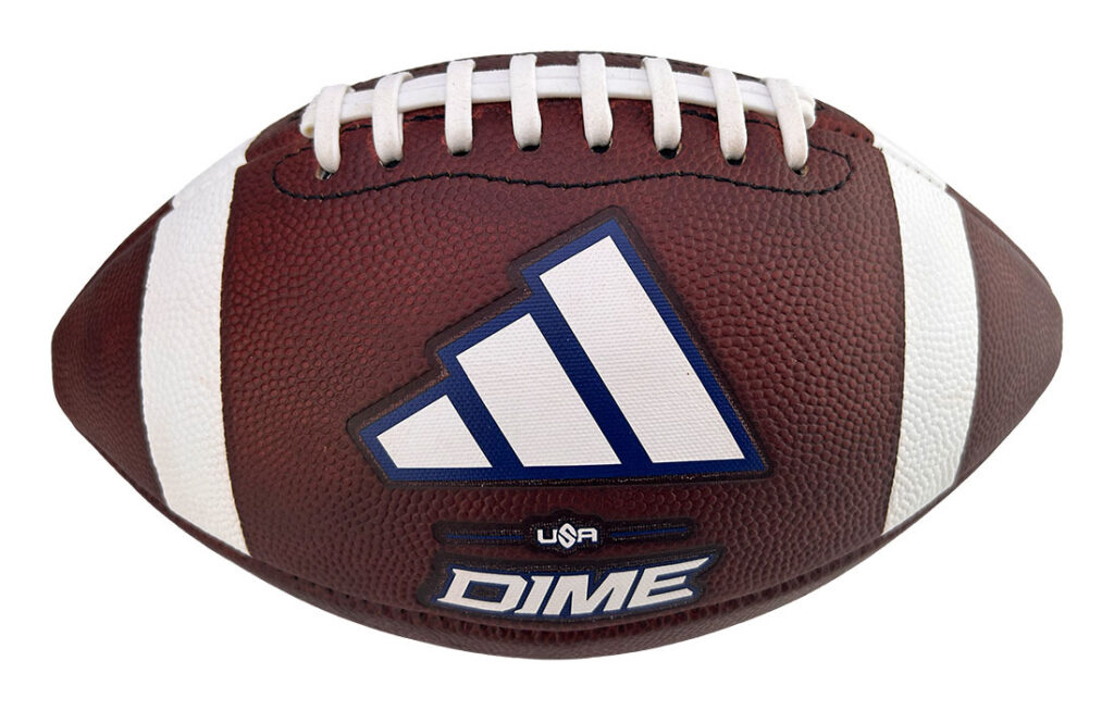 Brown American football with white laces and stripes, showing a blue-bordered three-stripe logo and 'DIME' branding on the surface.