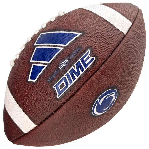 Close-up of a brown football with white laces and blue logos (DIME USA) on the side.