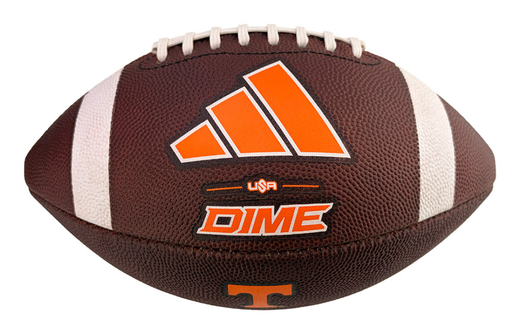 Brown American football with white laces and orange branding marks, including the word DIME on the side and an orange Adidas-style logo.