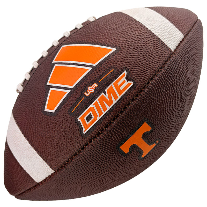 Brown football with orange DIME USA logo and white laces, close-up detail.