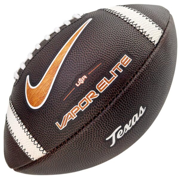 Close-up of a brown Nike Vapor Elite football showing white laces and branding