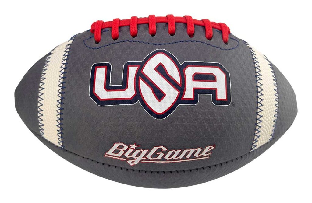 Grey football with red laces featuring a bold USA logo and 'BigGame' branding on the side.