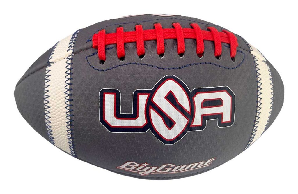 Gray football with red laces and USA logo in white and red on the side, Big Game branding visible at bottom edge