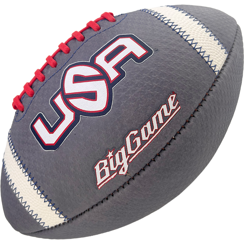 Gray football with red laces and white stitches, featuring bold white lettering and the 'Big Game' logo.