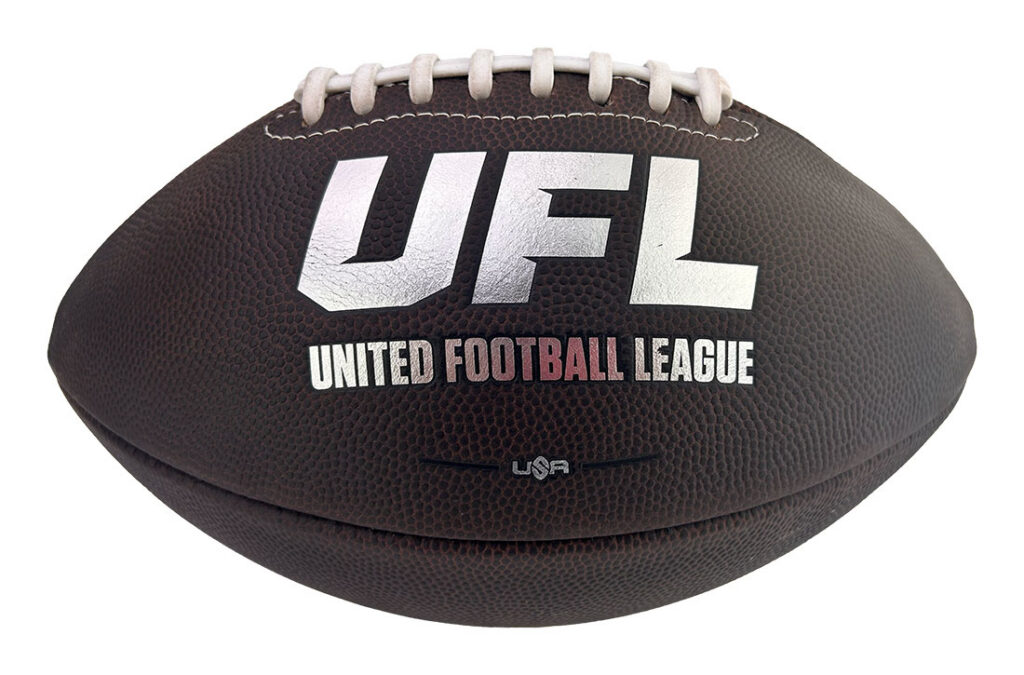 Brown leather football with white laces displaying the UFL logo and 'UNITED FOOTBALL LEAGUE' text.