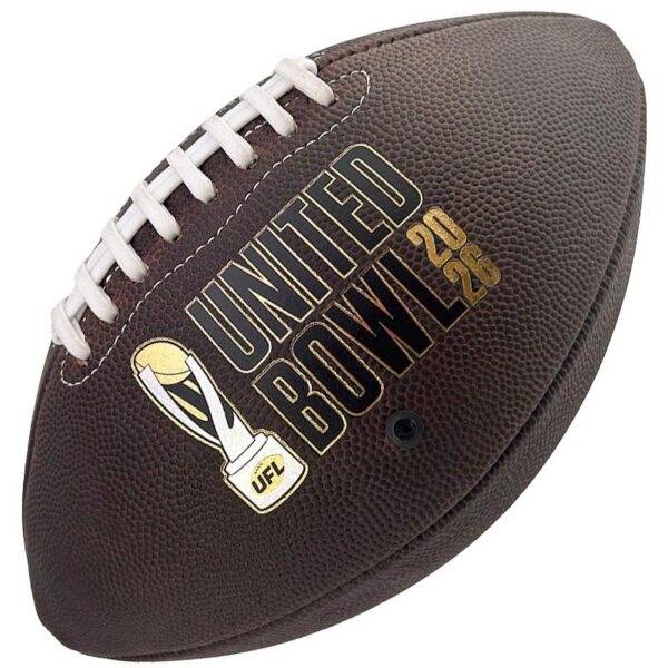 Brown football with white laces, showing a gold 'UNITED BOWL 2026' logo and UFL trophy emblem.