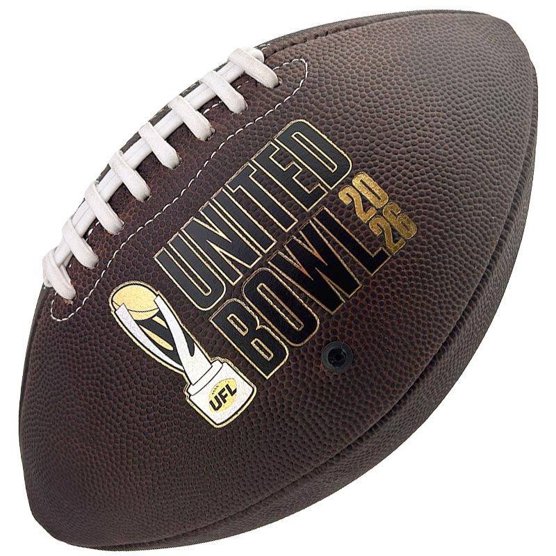 Brown football with white laces, showing a gold 'UNITED BOWL 2026' logo and UFL trophy emblem.