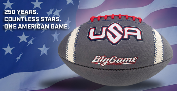 Gray football with USA Big Game logo on a waving American flag; slogan reads '250 years. Countless stars. One American game.'