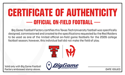 Certificate of Authenticity for an official on-field football, featuring two logos and a date-issued line beneath the text.