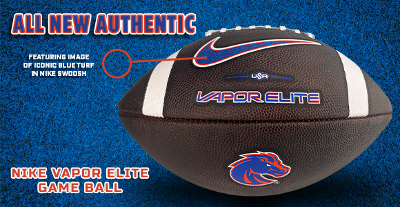 Nike Vapor Elite football on blue turf with red/white accents and prominent branding text (All New Authentic; Nike Vapor Elite Game Ball).