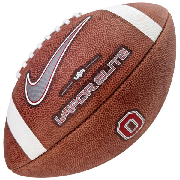 Brown leather football with white laces and a white stripe, Nike swoosh and Vapor Untouchable branding with an Ohio State emblem in the lower corner.