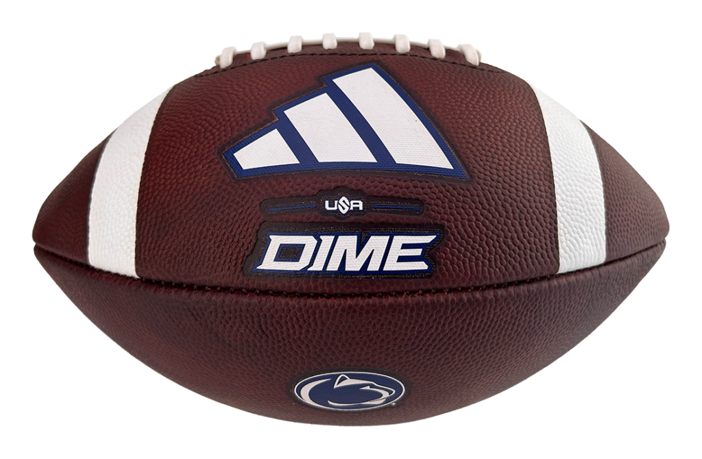 Close-up of a maroon football with white laces and stripes, featuring a large blue-and-white logo and the word DIME.