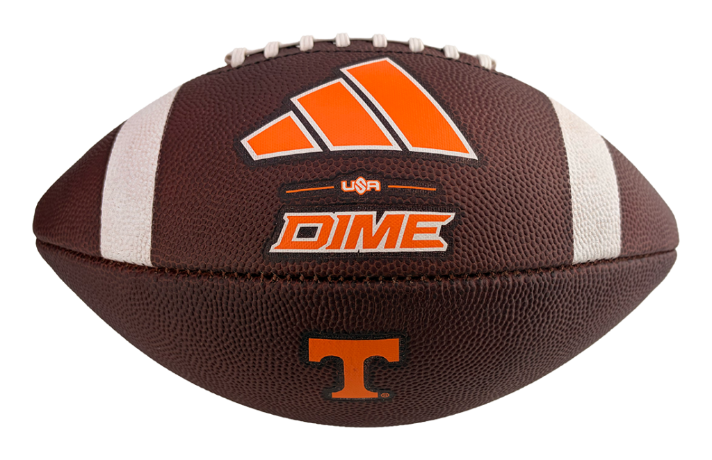 Brown football with white laces and orange branding, including Adidas-style stripes, 'DIME' text, and a Tennessee Volunteers 'T' logo.